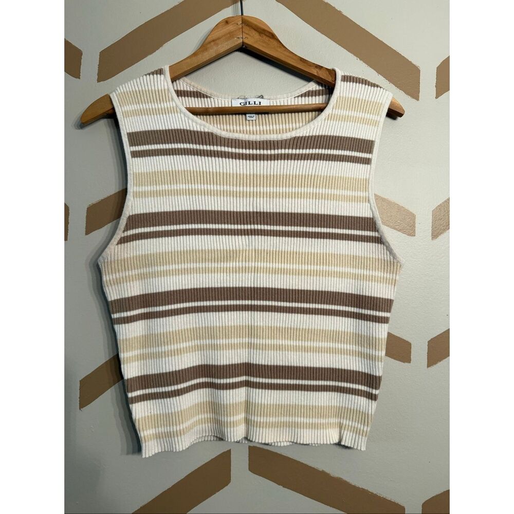 Gilli Cream Brown Striped Ribbed Knit Cotton Sleeveless Tank Top Size Large